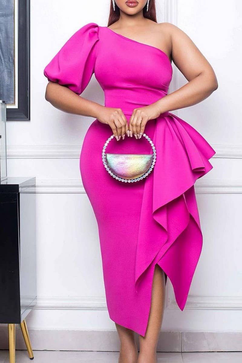 CWDMD1731_PLUS SIZE SLOPE NECK SLIT RUFFLED MIDI DRESS