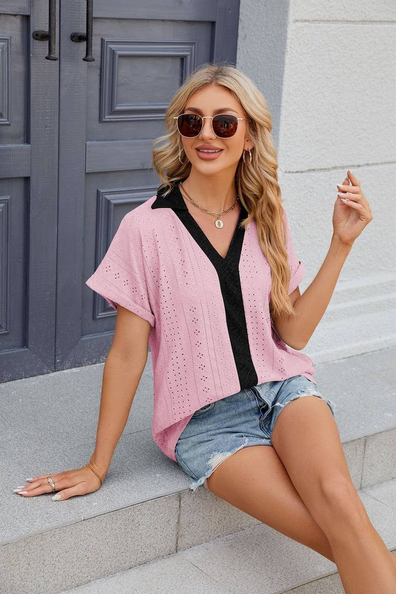 CWTTS0832_V-Neck Short Sleeve Knit Top