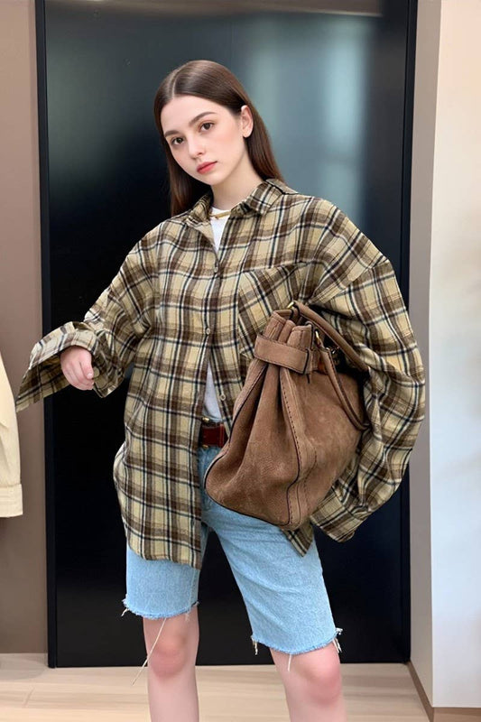 CWTBLL00581_LOOSE PLAID LONG SLEEVE CASUAL SHIRT TOP