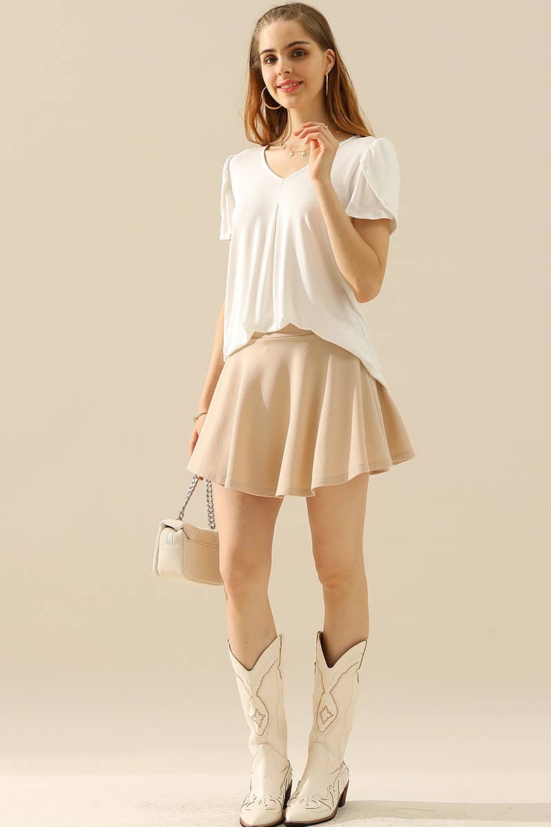 CWTTS561_SOLID V NECK SHORT TULIP SLEEVE TUNIC TOPS