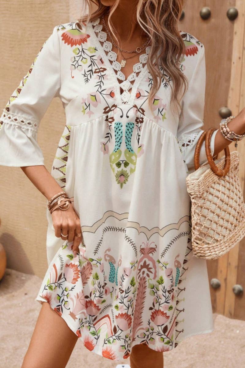 CWDSD4861_SUMMER CASUAL V-NECK LACE PATCHWORK PRINT DRESS