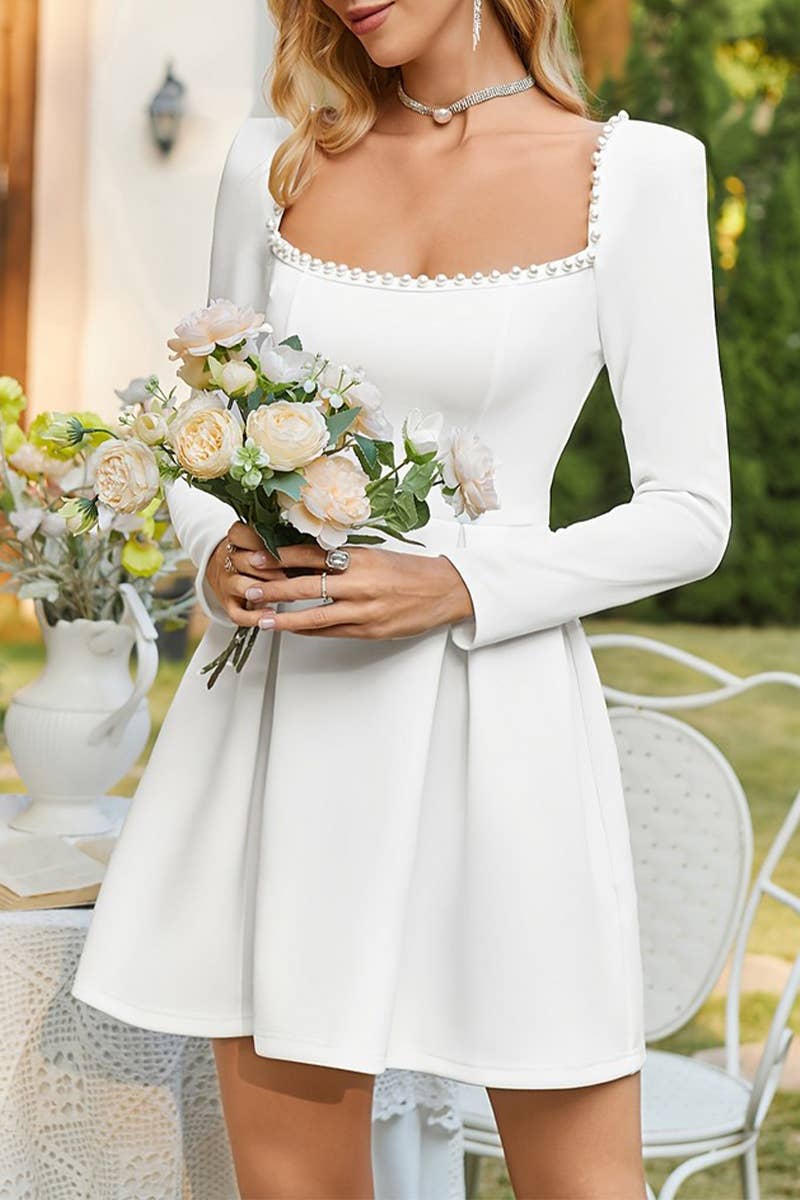 CWDSD7591_RETRO ELEGANT PEARL SQUARE NECK SHORT DRESS