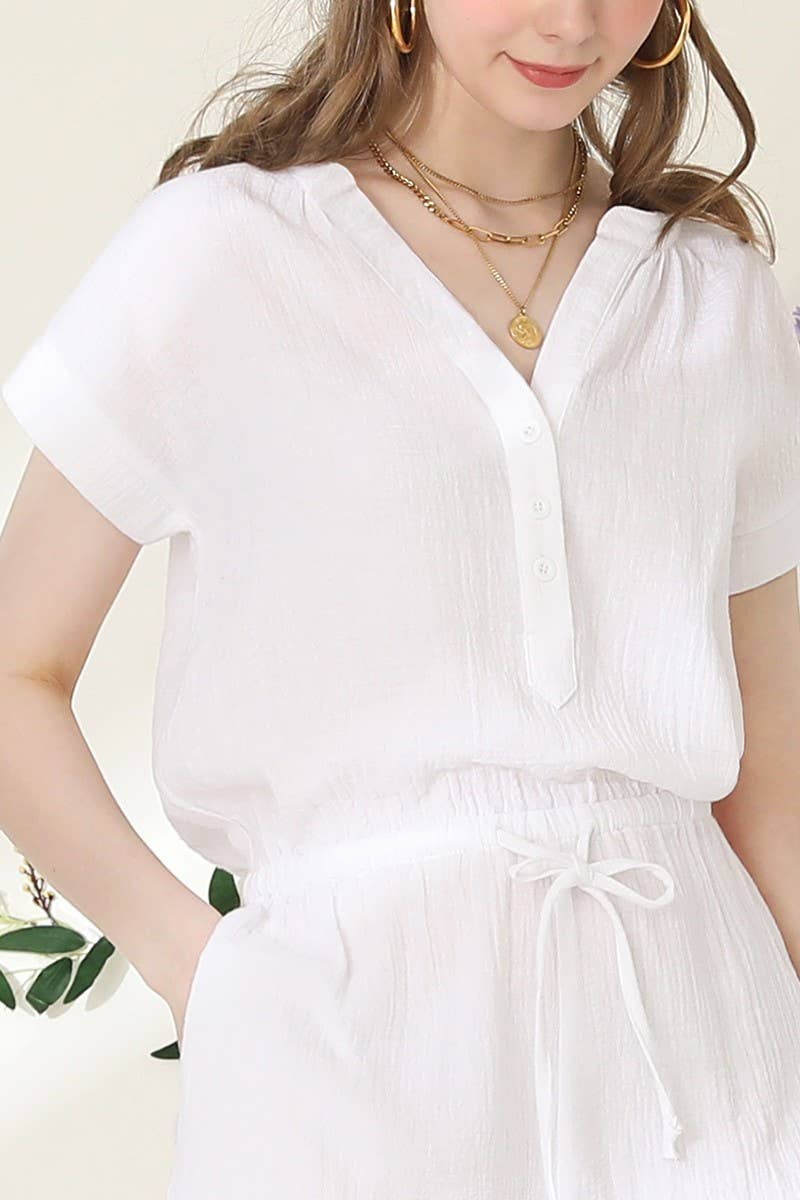 CWSJS224_HENLEY NECK SHORT SLEEVE JUMPSUIT ROMPER