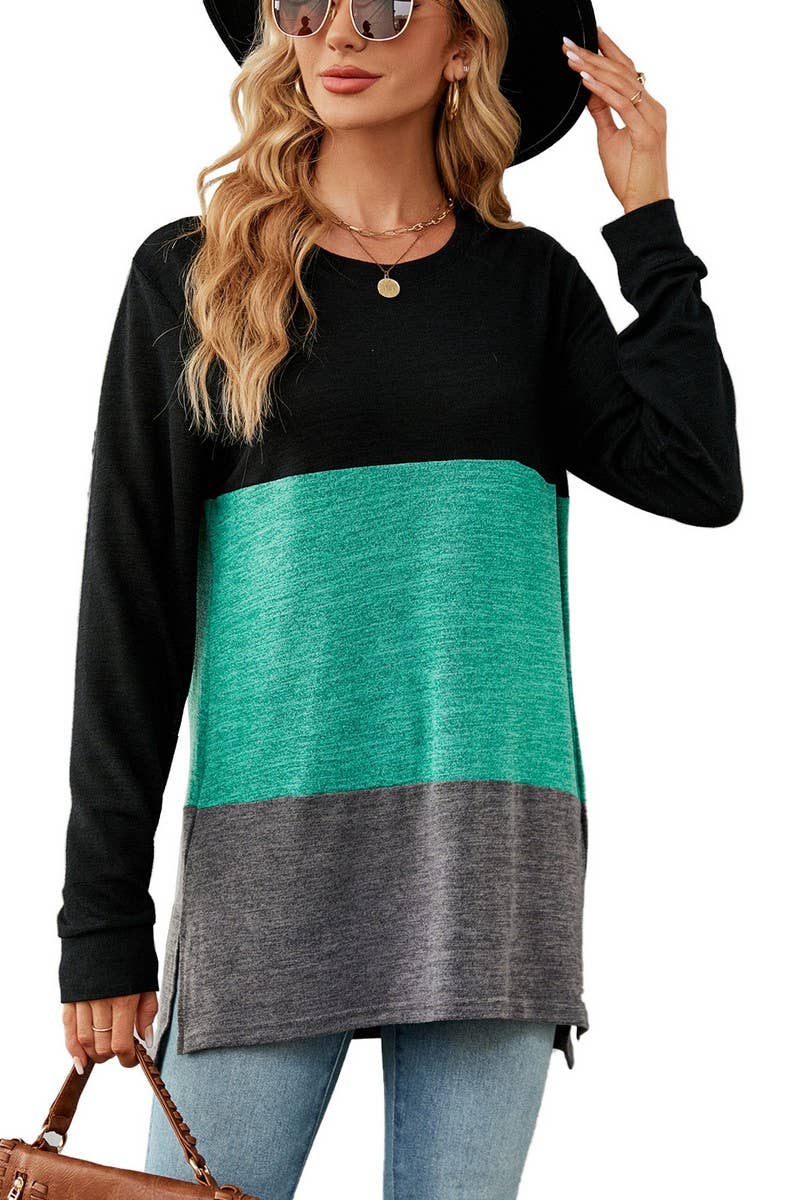 CWTBLL2411_SOLID COLOR ROUND NECK CONTRAST STITCHING T-SHIRT