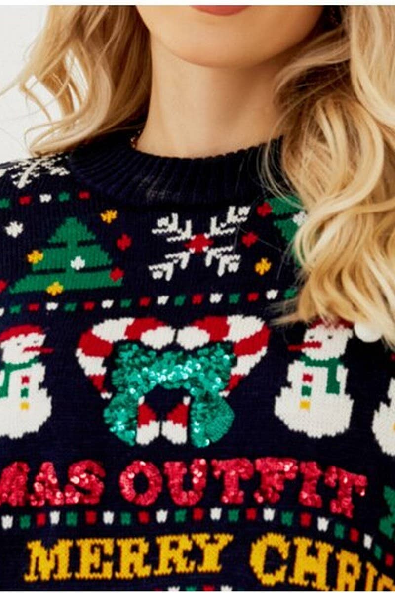 CWOSWL2431_CHRISTMAS TREE SNOWMAN SEQUINED CHRISTMAS SWEATER