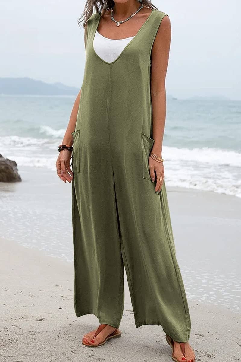 CWSJS1433_SOLID COLOR LOOSE POCKET SLEEVELESS JUMPSUIT