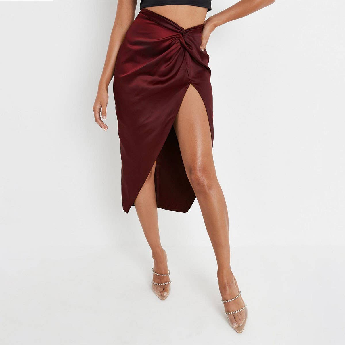 IRREGULAR SOLID COLOR SATIN HIP-LENGTH SKIRT