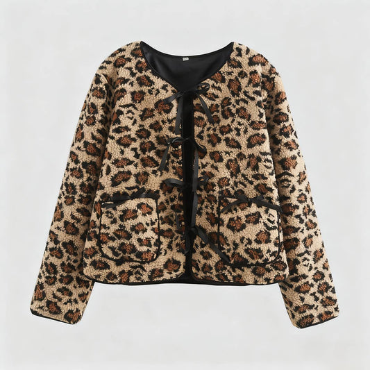 Fashionable leopard print bow long-sleeved coat