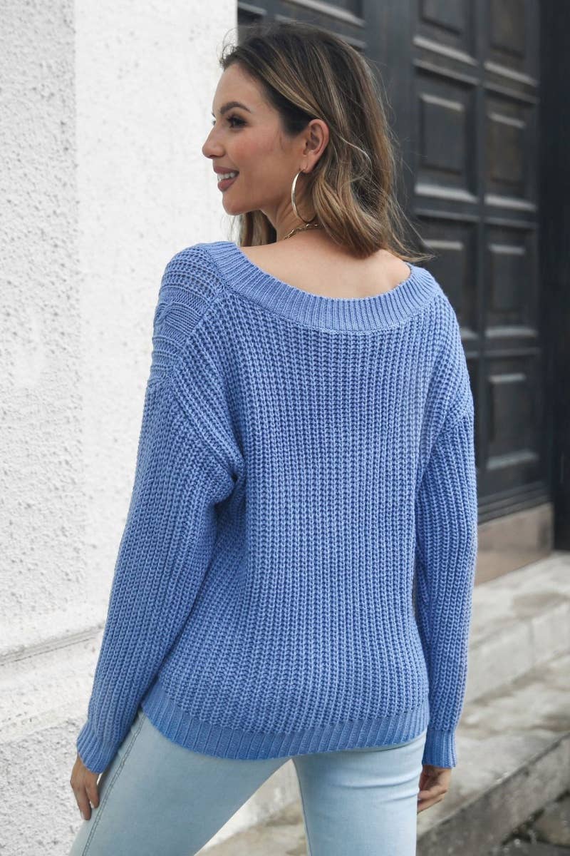 CWOSWL6407_WINTER SOLID COLOR V-NECK LONG-SLEEVED SWEATER