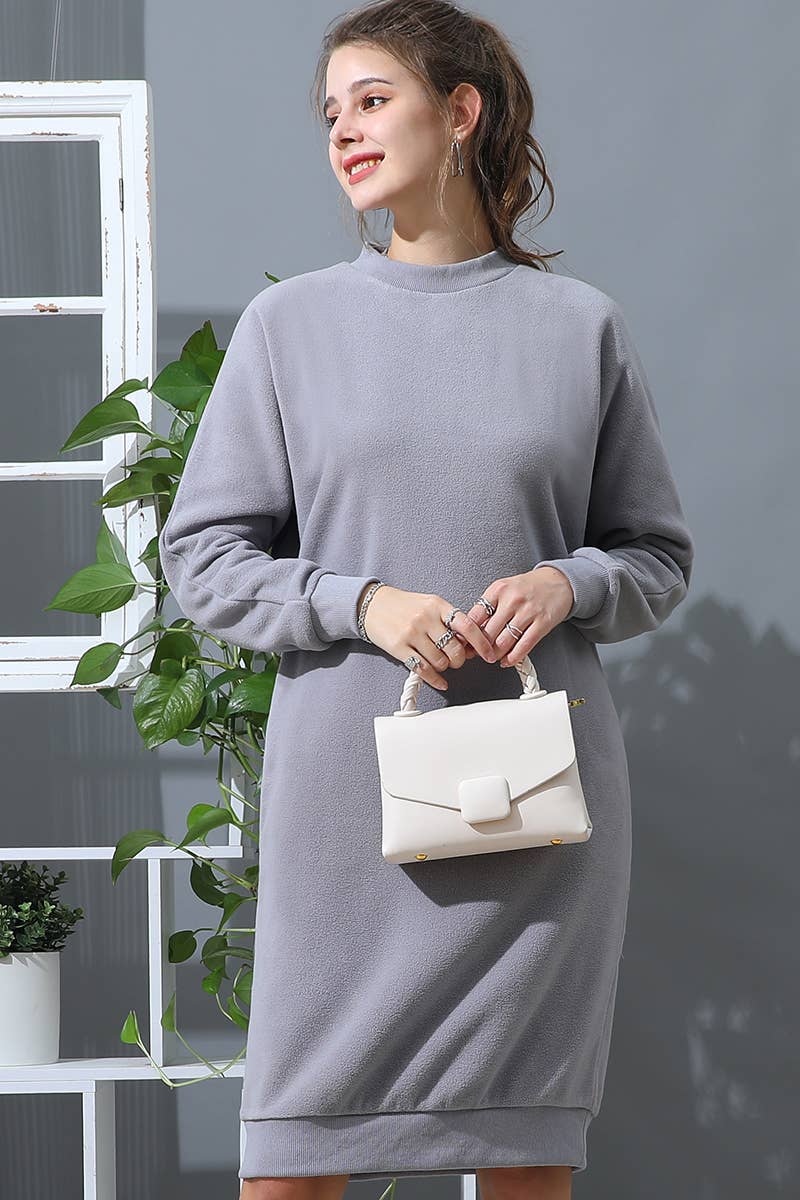 CWDMD793_R NECK FLEECE PULLOVER DRESS WITH SIDE POCKETS