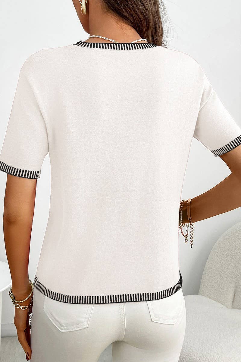 CWOSWS0143_STRIPED SHORT SLEEVE CREW NECK KNIT SWEATER