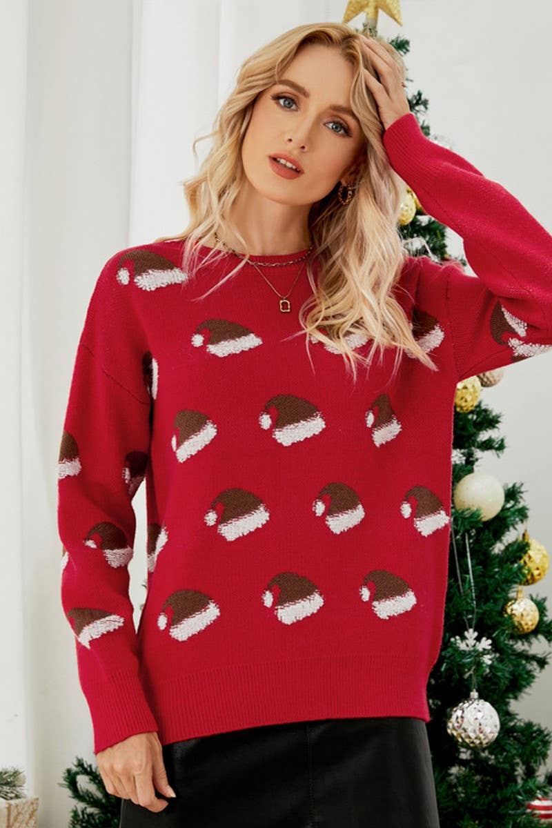 CWOSWL2495_SANTA HAT CREWNECK CHRISTMAS SWEATER