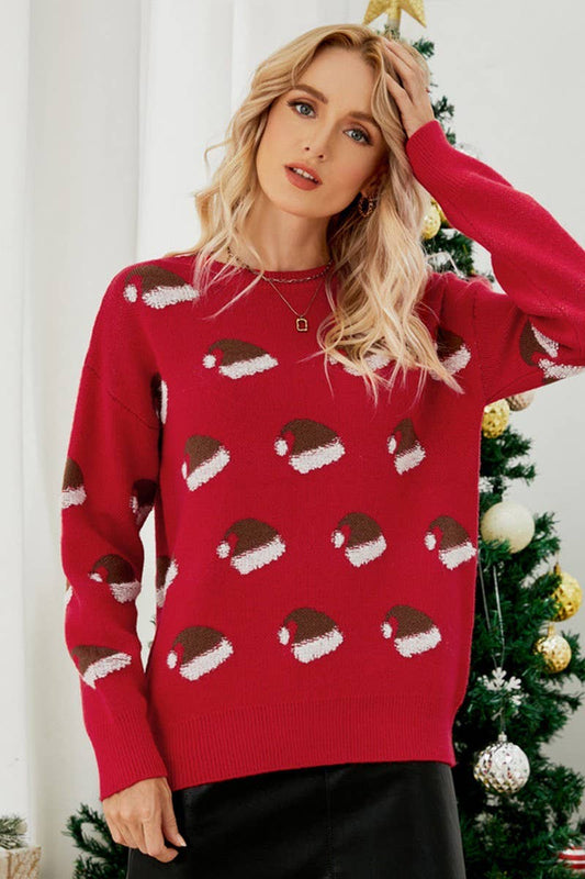 CWOSWL2495_SANTA HAT CREWNECK CHRISTMAS SWEATER