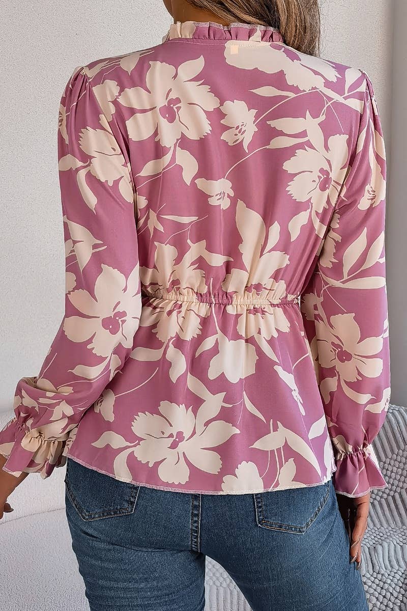 CWTBLL0954_CASUAL FLORAL LACE-UP LONG-SLEEVED CHIFFON TOP