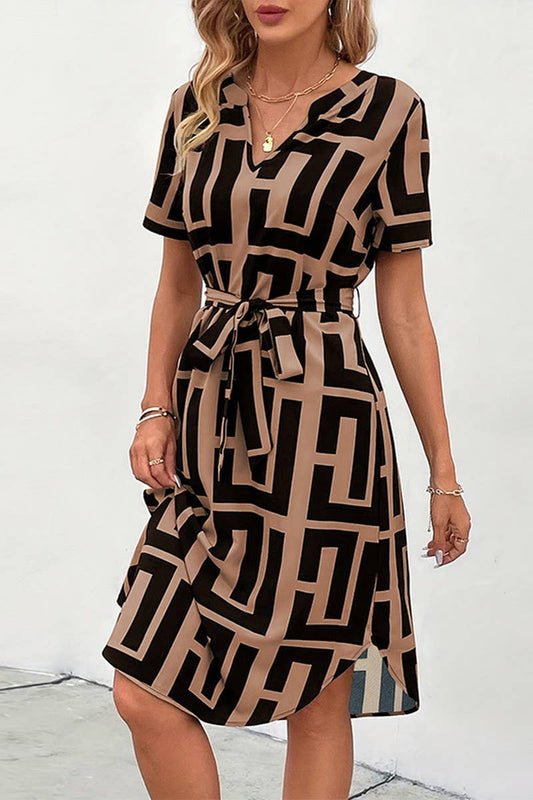 CWDSD7862_V-NECK TIE WAIST SHORT SLEEVE PLAID DRESS