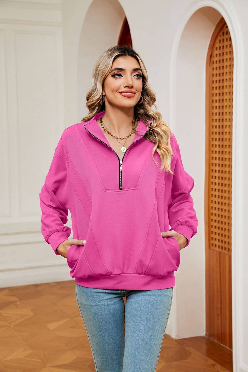 CWTBLL2399_ZIPPERED STAND COLLAR POCKET CASUAL SWEATSHIRT