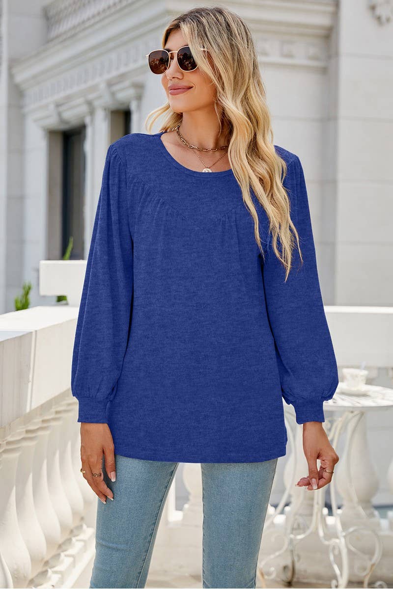 CWTBLL3690_LOOSE CREW NECK CASUAL PLEATED TOP
