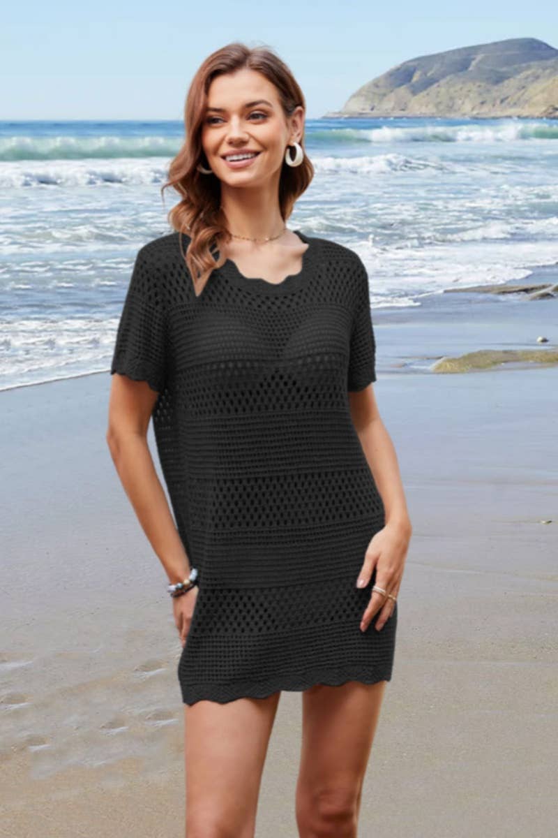 CWDSD4610_CROCHET HOLLOWED-OUT SMOCK KNIT DRESS SHORT