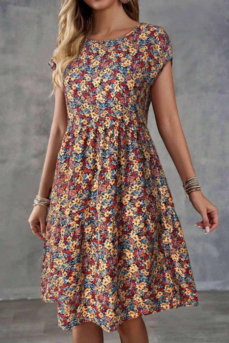 CWDSD8379_PRINTED ELASTIC WAIST SHORT SLEEVE DRESS