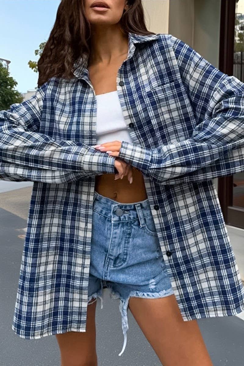 CWTBLL00606_CASUAL BLUE LONG-SLEEVED PLAID SHIRT