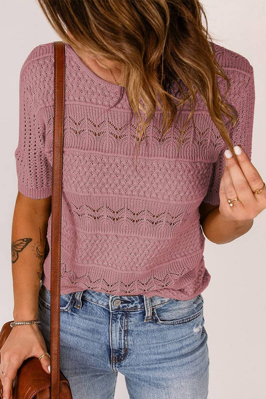 CWOSWS0144_CROCHET HOLLOW OUT KNIT SHORT SLEEVE TOP