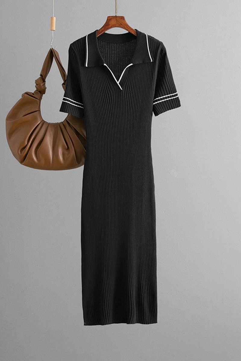 CWDMD01154_SOLID KNIT POLO COLLAR BODYCON MINI DRESS