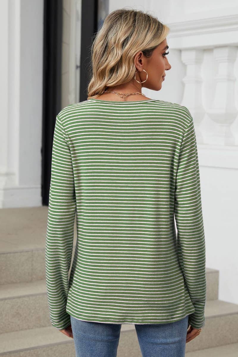 CWTBLL1890_CREW-NECK BUTTON-UP LONG-SLEEVED STRIPED TOP