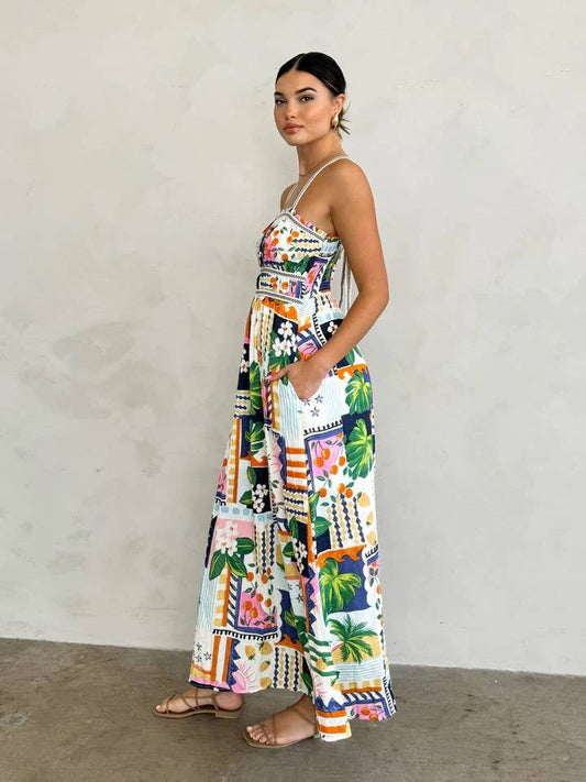 Elegant and refined plaid printed halter dress