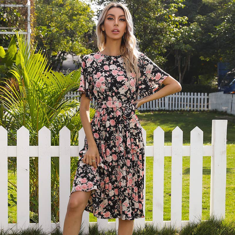 FLORAL CREW NECK LACE-UP PLEATED DRESS