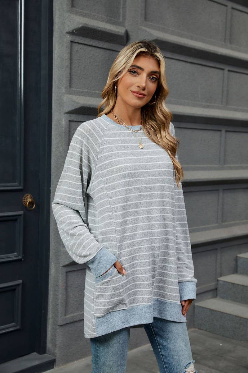 CWTBLL3664_COLOR BLOCKED STRIPED POCKET LOOSE T-SHIRT