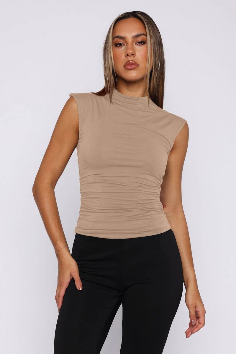 CWTBLSL0691_HALF TURTLENECK PLEATED SLEEVELESS TOP