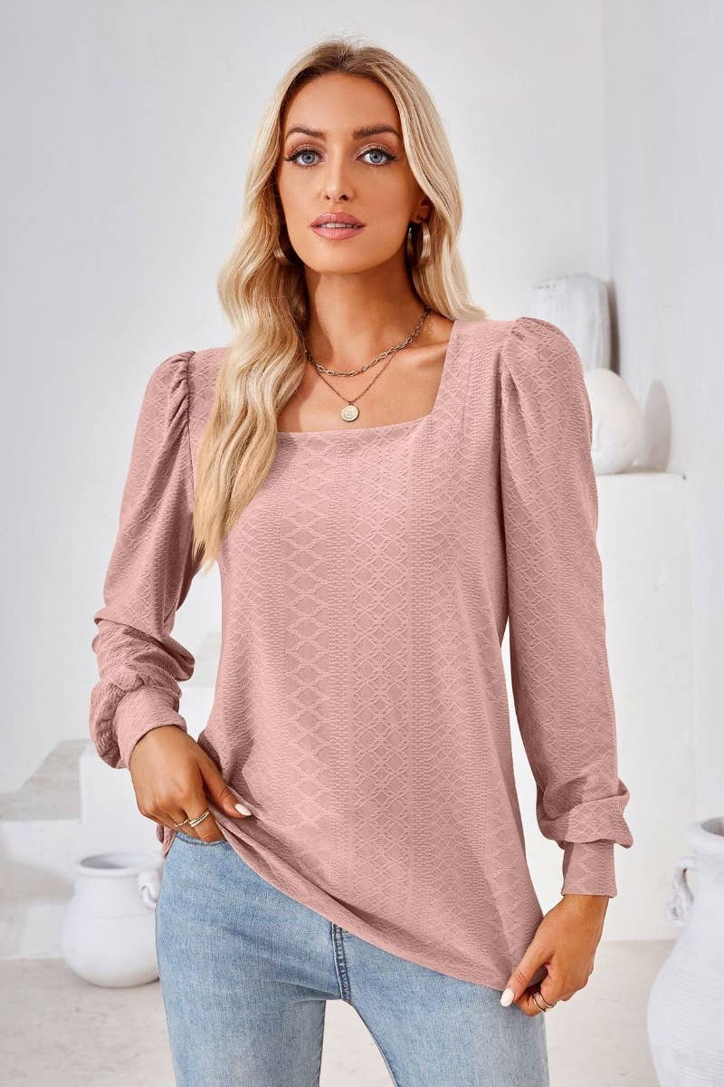 CWTBLL2798_AUTUMN SQUARE NECK JACQUARD LONG-SLEEVED TOP