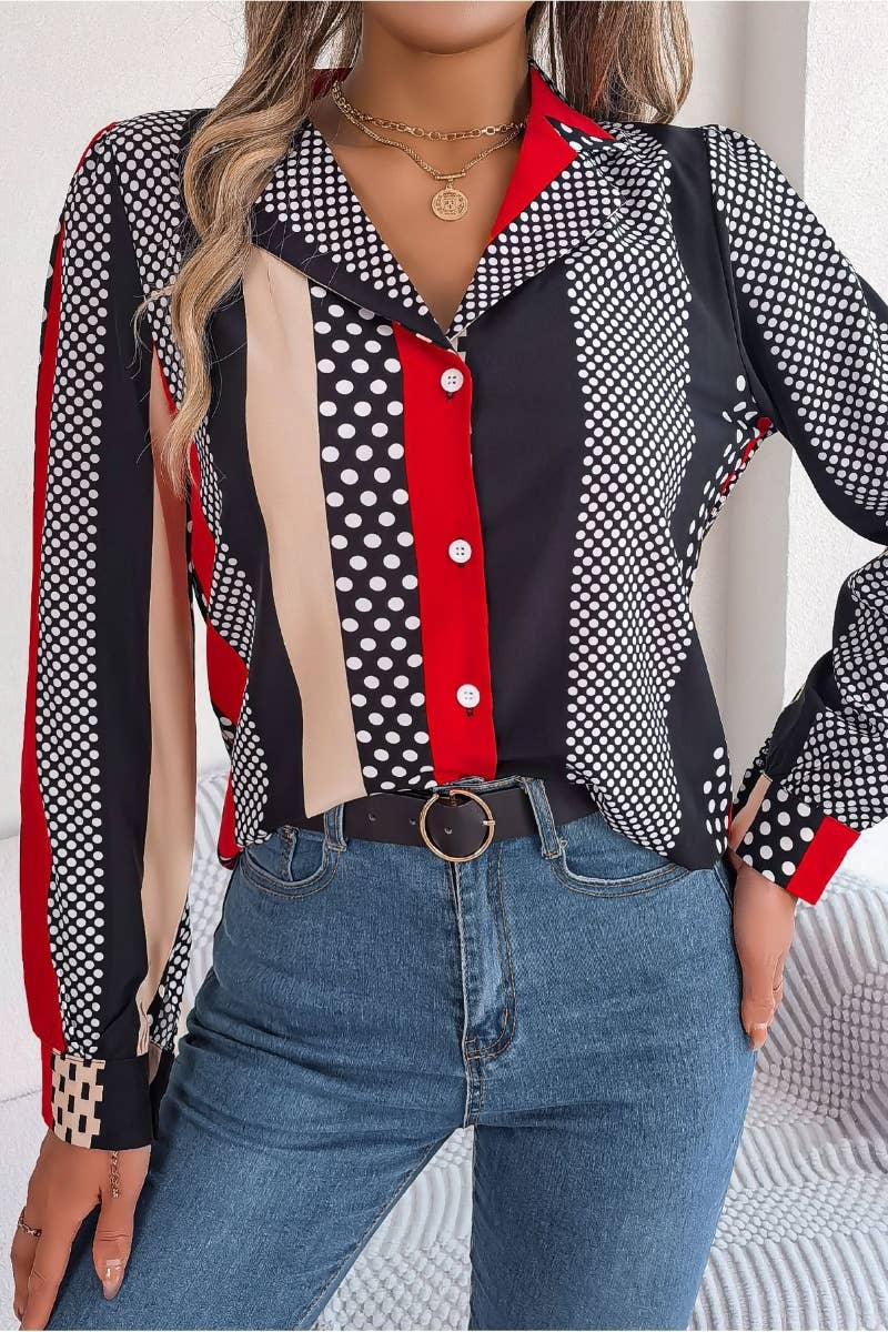 CWTSTL2129_AUTUMN POLKA DOT STRIPED LONG-SLEEVED SHIRT TOP