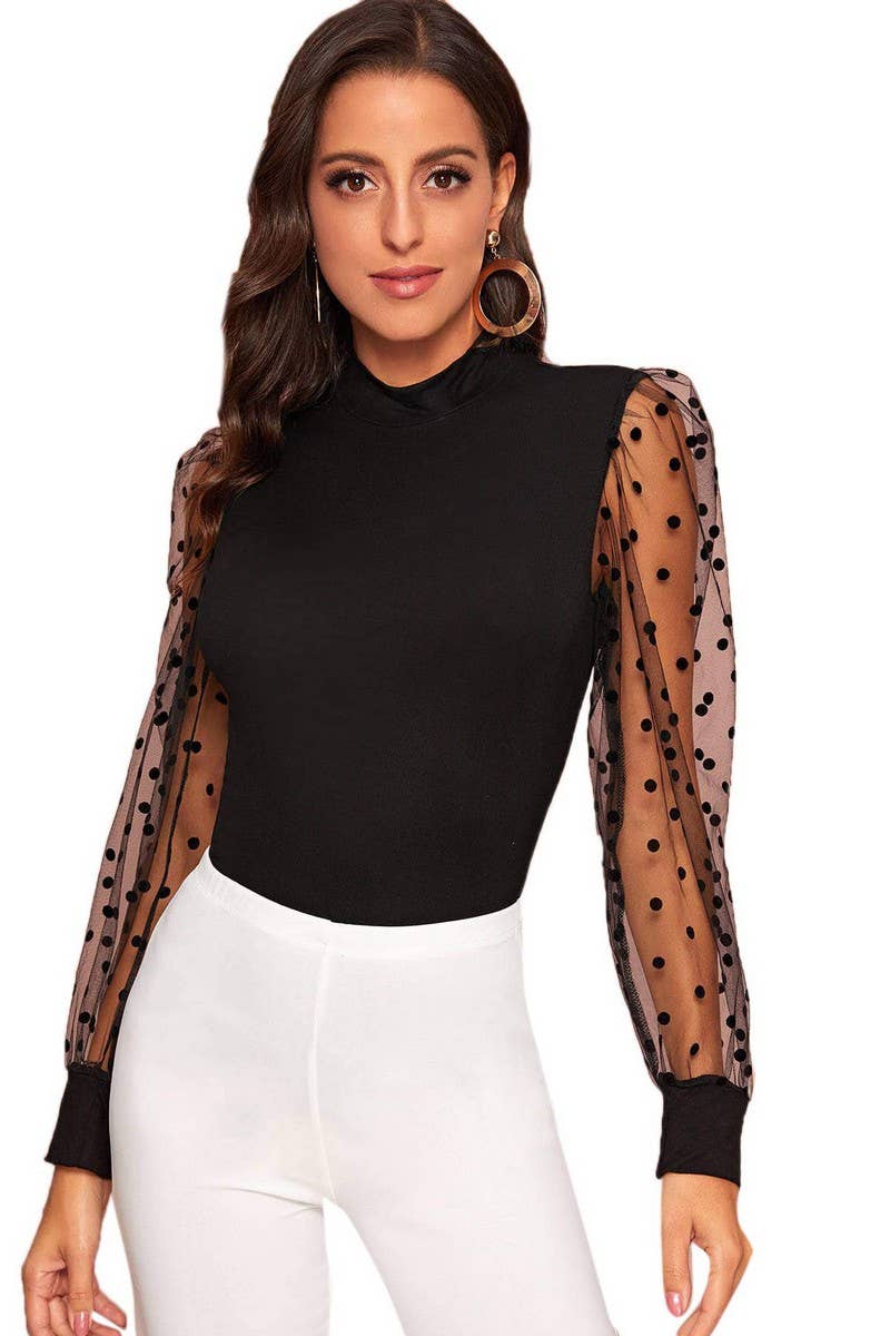 CWTTL1976_LACE LOOSE TRANSPARENT POLKA DOT LONG SLEEVE TOP