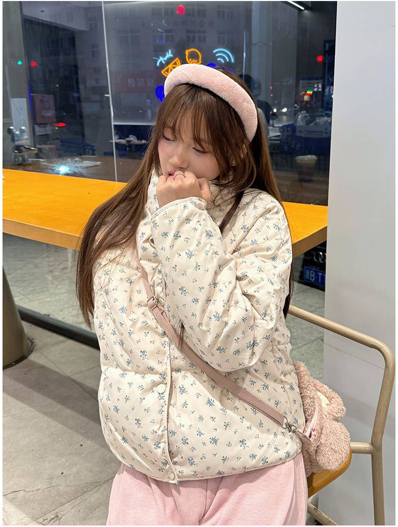 Floral short stand-up collar padded jacket