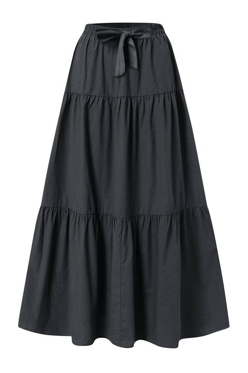 CWBLS0559_BOW WAIST TIERED SOLID MIDI SKIRT