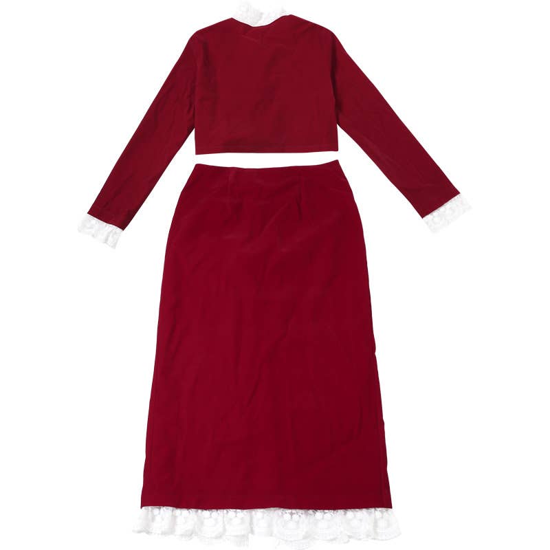 DEEP V LACE PATCHWORK CROP TOP SPLIT SKIRT SET