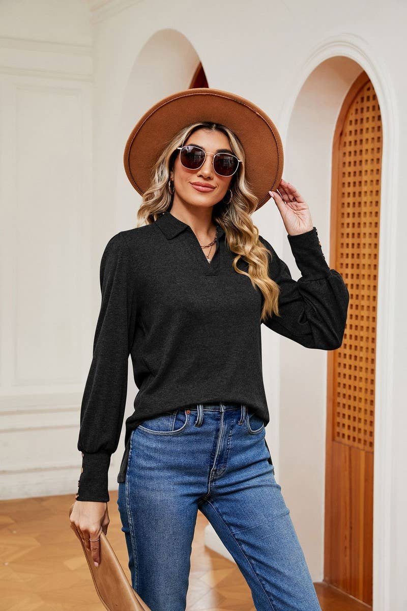 CWTBLL2398_SOLID COLOR POLO NECK LONG SLEEVE BUTTON PULLOVER