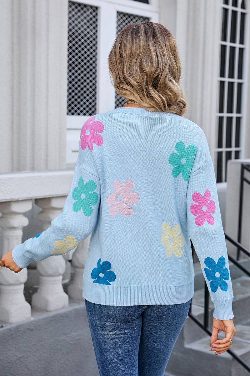 CWOSWL3074_FLORAL COLORBLOCK CASUAL CREWNECK SWEATER