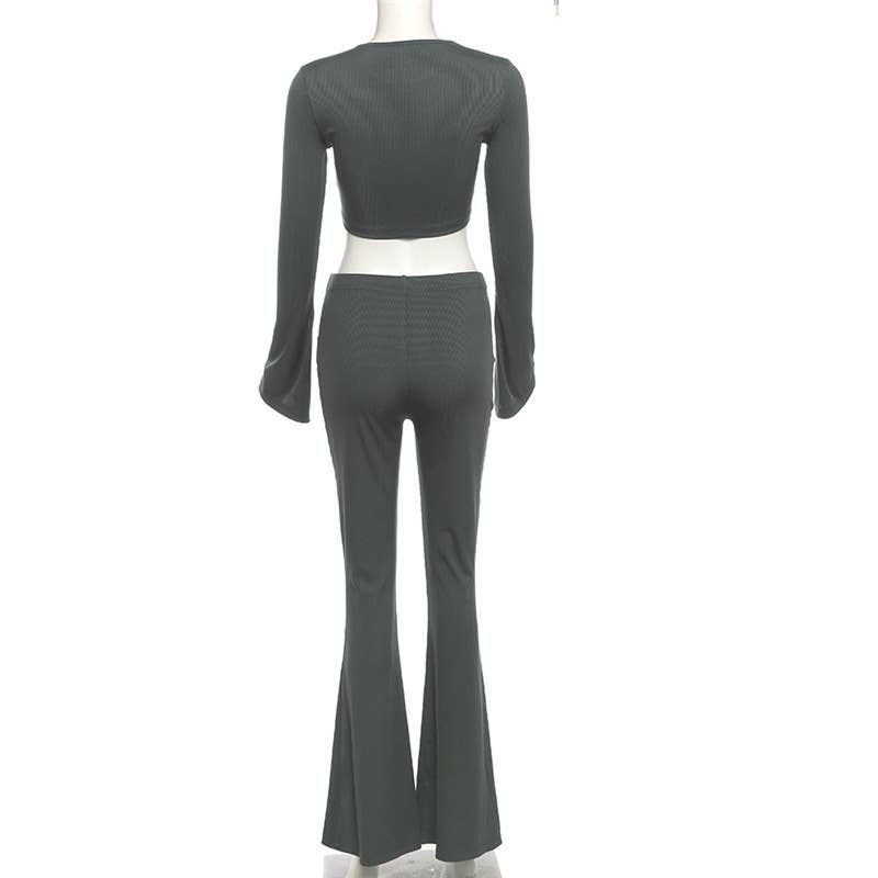 Bell Sleeve Crop Top & High Waist Flare Pants Set
