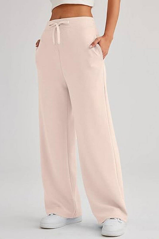 CWBLP0703_SOLID COLOR CASUAL LACE-UP WIDE-LEG SWEATPANTS