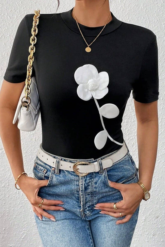CWTTS1453_COLORBLOCK 3D FLORAL EMBROIDERED SLIM TEE