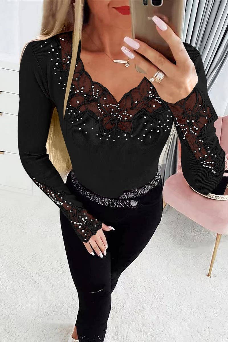 CWTBLL3923_SOLID LACE TRIM RHINESTONE LONG SLEEVE TEE