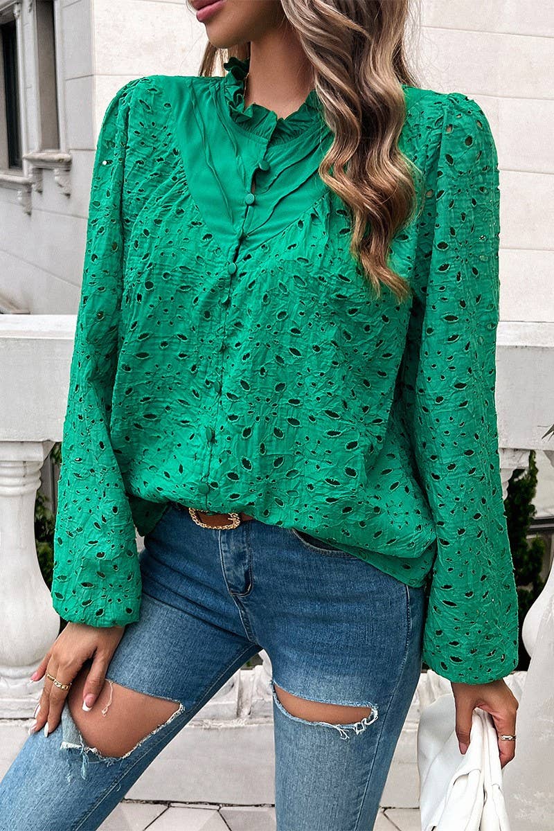 CWTSTL2732_ELEGANT HOLLOW PUFF SLEEVE EMBROIDERED TOP