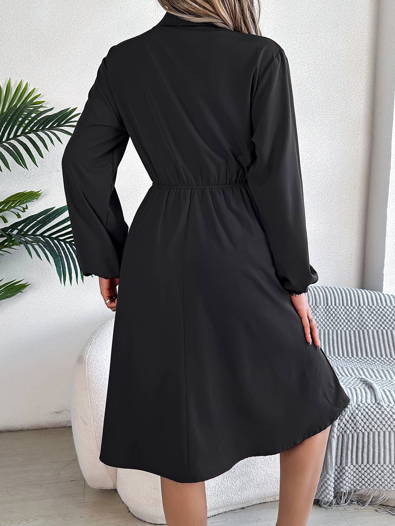 CASUAL BUTTON-UP WAIST LONG SLEEVE SHIRT DRESS