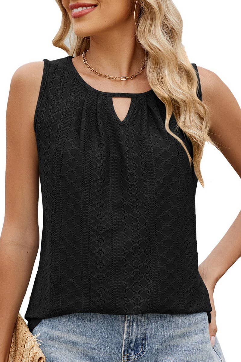 CWTBLSL0679_ROUND NECK CUTOUT PLEATED SLEEVELESS T-SHIRT TOP