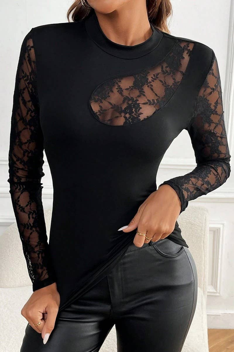 CWTBLL3508_LACE PATCHWORK LONG-SLEEVED BOTTOMING TOP