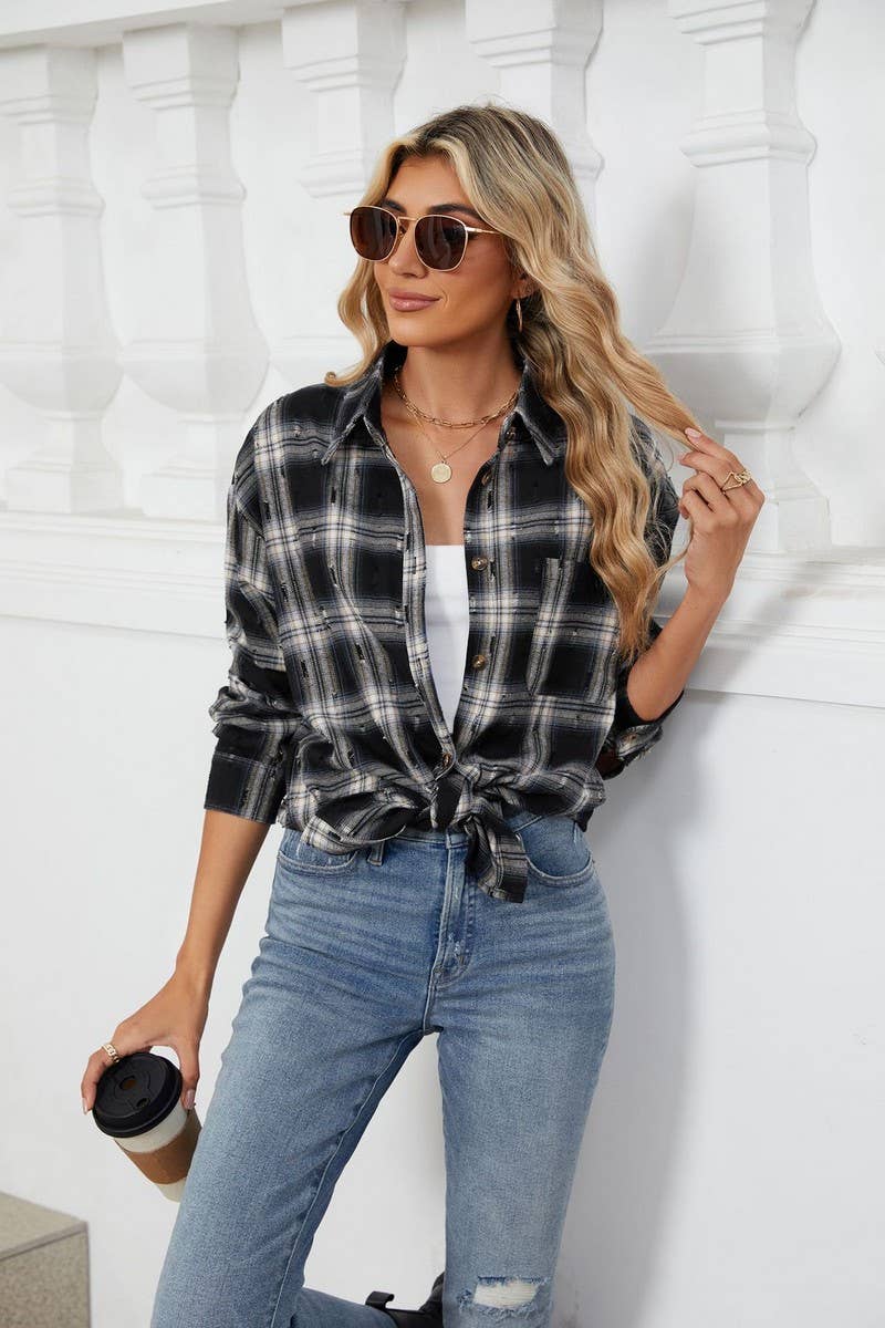 CWTSTL2063_CROCHET LONG-SLEEVED LOOSE LAPEL PLAID SHIRT