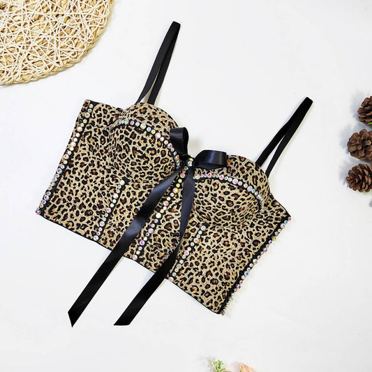 LEOPARD PRINT BOW HERRINGBONE BRA WITH RHINESTONES