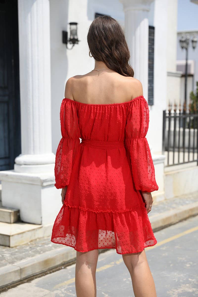 CWDSD8400_OFF SHOULDER POM POM CHIFFON BELTED DRESS
